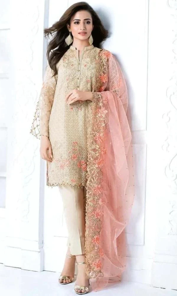 Gul Ahmed- 3PC Linen Neckline Heavy Embroidered Shirt With Embroidered Dupatta price in Pakistan