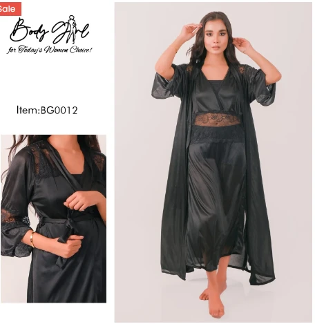 Body Girl 2 Pieces Long Bridal Silk & Lace Nightwear For Girls & Women – Black price in Pakistan