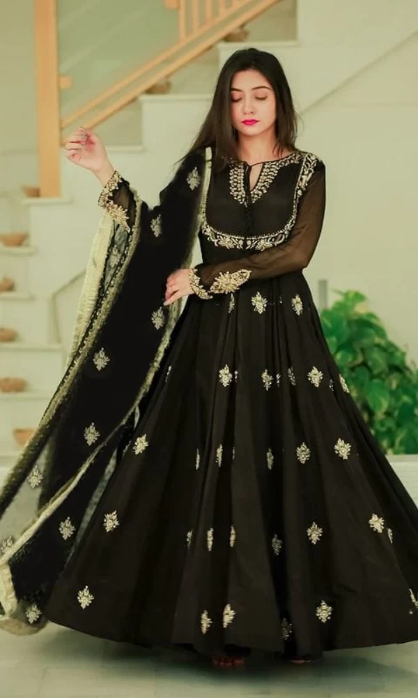Maria B. – 3PC Katan Silk Embroidered Frock Maxi With Organza Embroidered Dupatta price in Pakistan