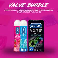 Durex Pack of 3 – Durex Play Cherry Lube 50ml + Durex Play Tingle Lube 50ml + Durex Extended Pleasure 20’s Condoms price in Pakistan