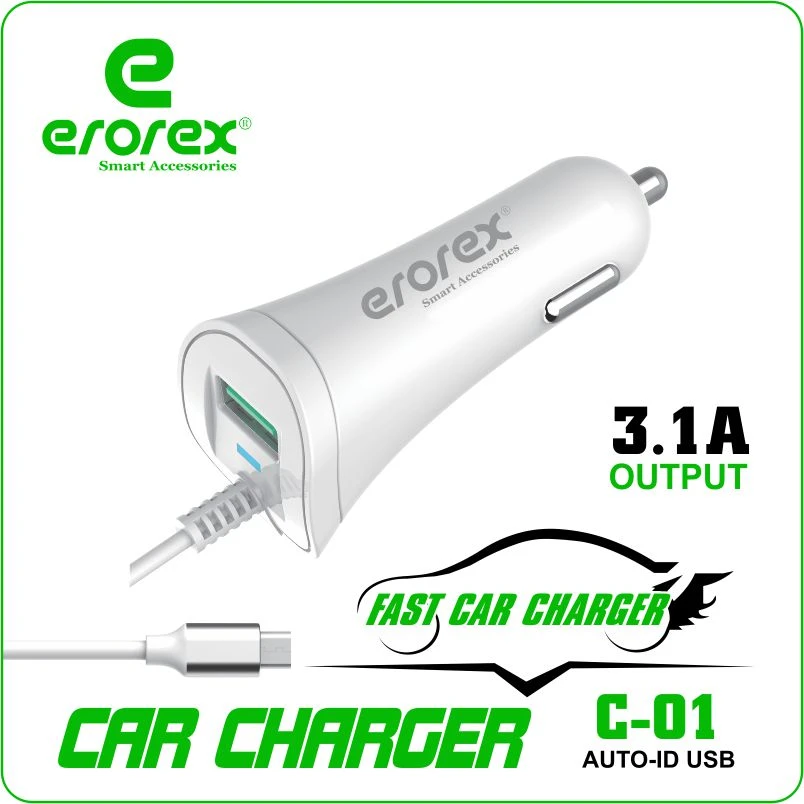 Erorex High Quality Car Charger C-01 (3.1 Ampere) USB Port With Type-C Cable Pin Cable Pin fast Car Charger price in Pakistan