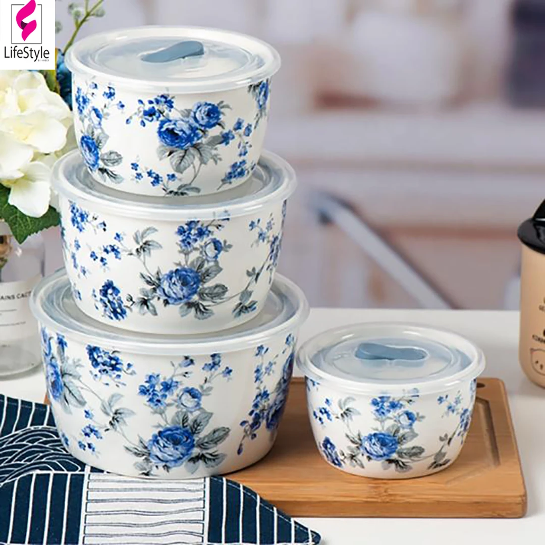 04 Pieces Ceramic Sealed Fresh Bowl Set With Plastic Lid – Multicolor price in Pakistan