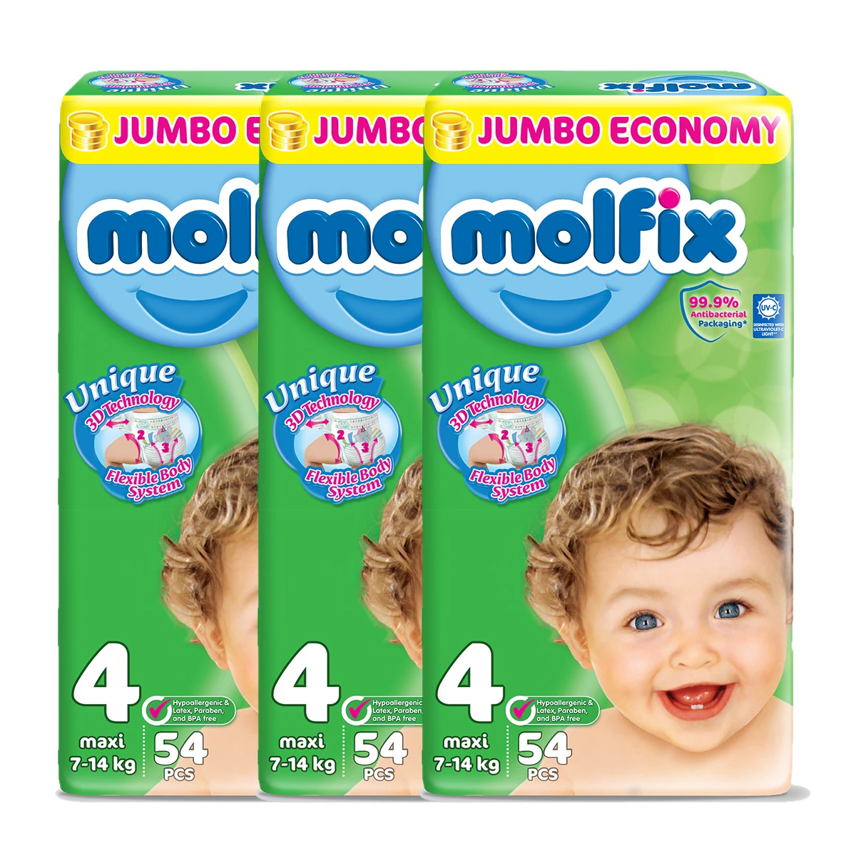 Pack of 3,Molfix Diaper,Size 4, Maxi, 7-14Kg, 54Pcs, Jumbo Packs price in Pakistan
