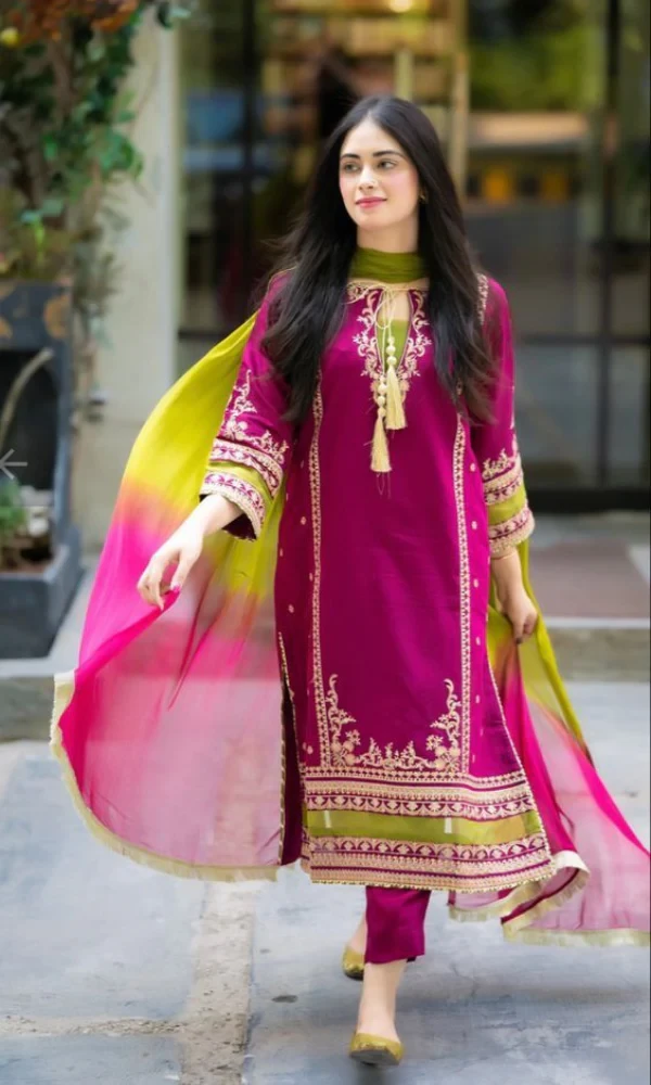 3PC-Heavy Embroidered Lawn Suit with Bamber Chiffon Duppatta price in Pakistan