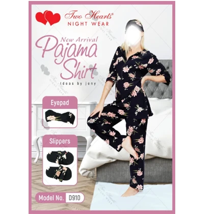 Two Hearts 4 Pieces Printed Nightwear & Lingerie For Girls & Women – Black price in Pakistan