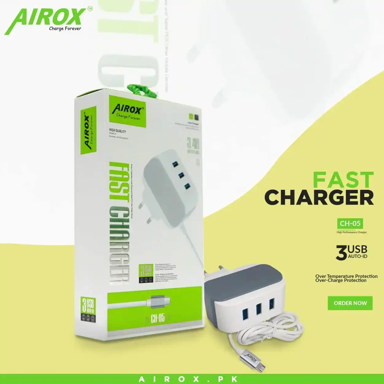 Airox CH05 Charger – 3 USB Ports Fast Charger For Mobile – Best Quality Charger price in Pakistan