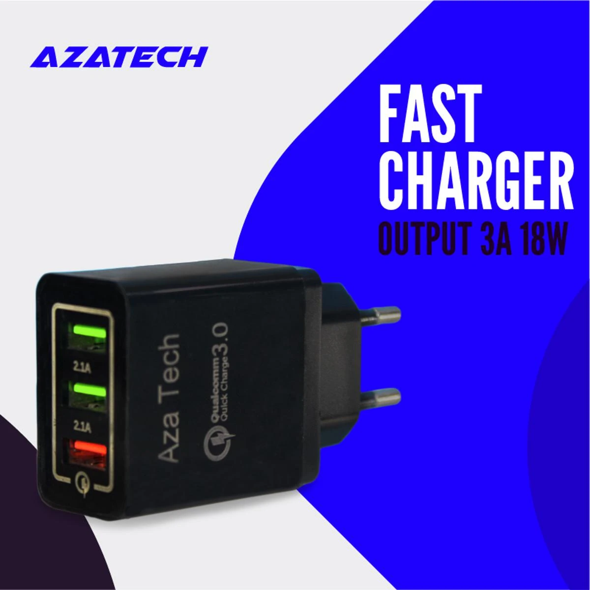 AzaTech QC 3.0 Fast Charger With Triple USB 3 Port 3A 18W 25W Quick Charge For All Brands price in Pakistan