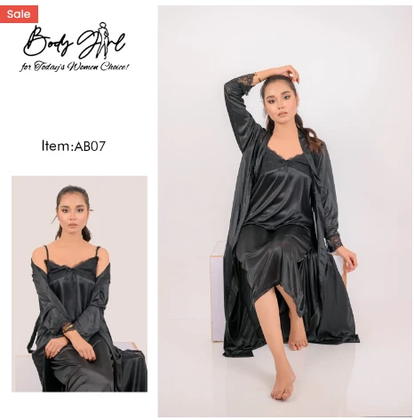 Body Girl 2 Pieces Long Bridal Silk Nightwear For Girls & Women – Black price in Pakistan