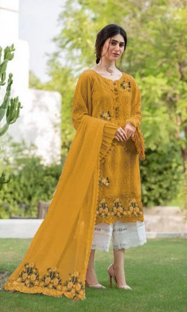 Maria B. – 3PC Chicken Kari Heavy Embroidered Linen Shirt With Chiffon Embroidered Dupatta price in Pakistan