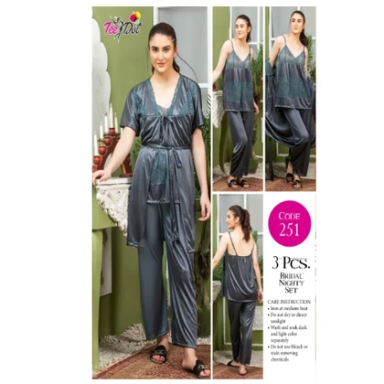 Tee Dot Viscose 3-Pieces Bridal Nightwear For Girls & Women – Grey price in Pakistan