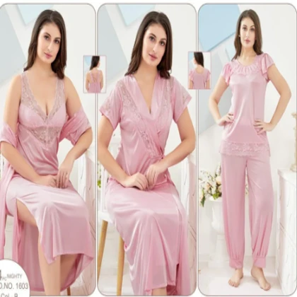 Silky Nights 4-Pieces Bridal Nightwear With Lace Work For Girls & Women – Baby Pink price in Pakistan