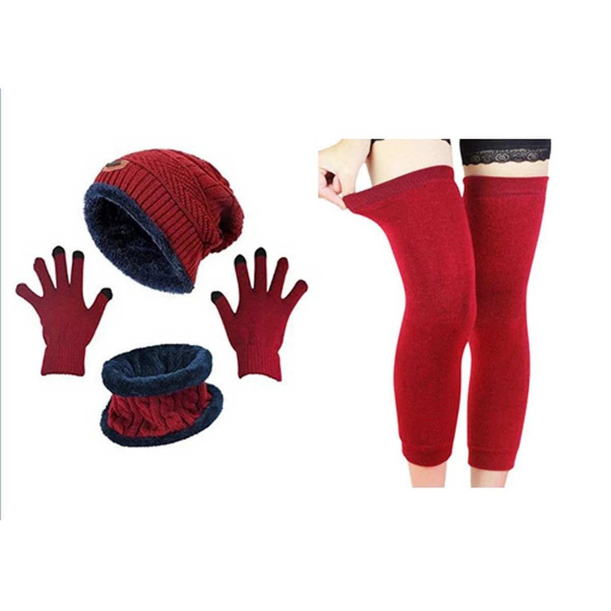 4 Piece Winter Elastic Thick Fleece Warm Woolen Beanie Cap Neck Scarf Gloves & Leg Warmer Set for Unisex price in Pakistan