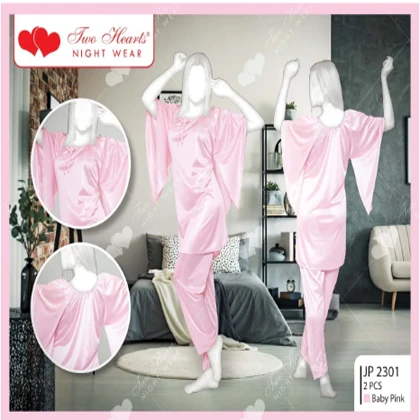 Two Hearts 2 Piece Silk Nightwear Shirt + Trouser For Girls & Women – Baby Pink price in Pakistan