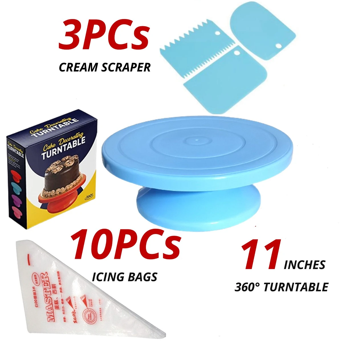 11 Inch Rotating Cake Turntable with 12inch Steel Spatula, 3 Cream Scraper, 10 icing piping bags, Decorating Turn Table for Cake price in Pakistan