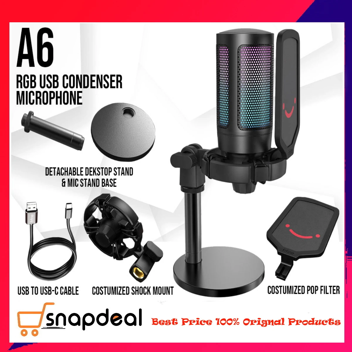 Fifine Latest RGB Microphone Model A6 AmpliGame Gaming Online Show Recording USB Microphone price in Pakistan