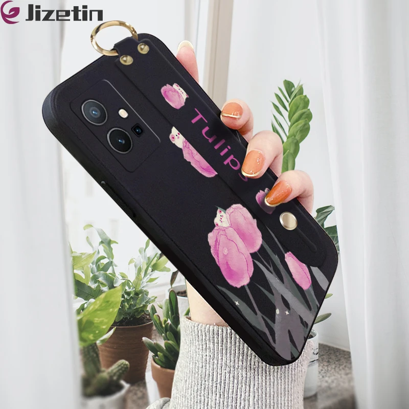izetin for Vivo Y75 5G  Y55 5G Back Cover Pink Tulip Wrist Strap Phone Case Candy Color shock proof Protective Phone Cases price in Pakistan