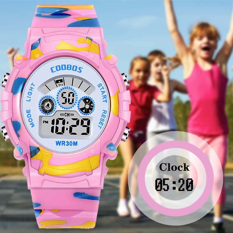 Boys Girls Pink Camouflage Watch Best Gift Digital Wrist Watches for Children Blue Sport Waterproof Led Luminous Date Clock price in Pakistan