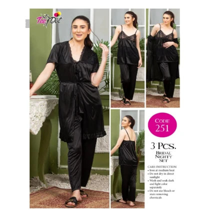 Tee Dot Viscose 3-Pieces Bridal Nightwear For Girls & Women – Black price in Pakistan