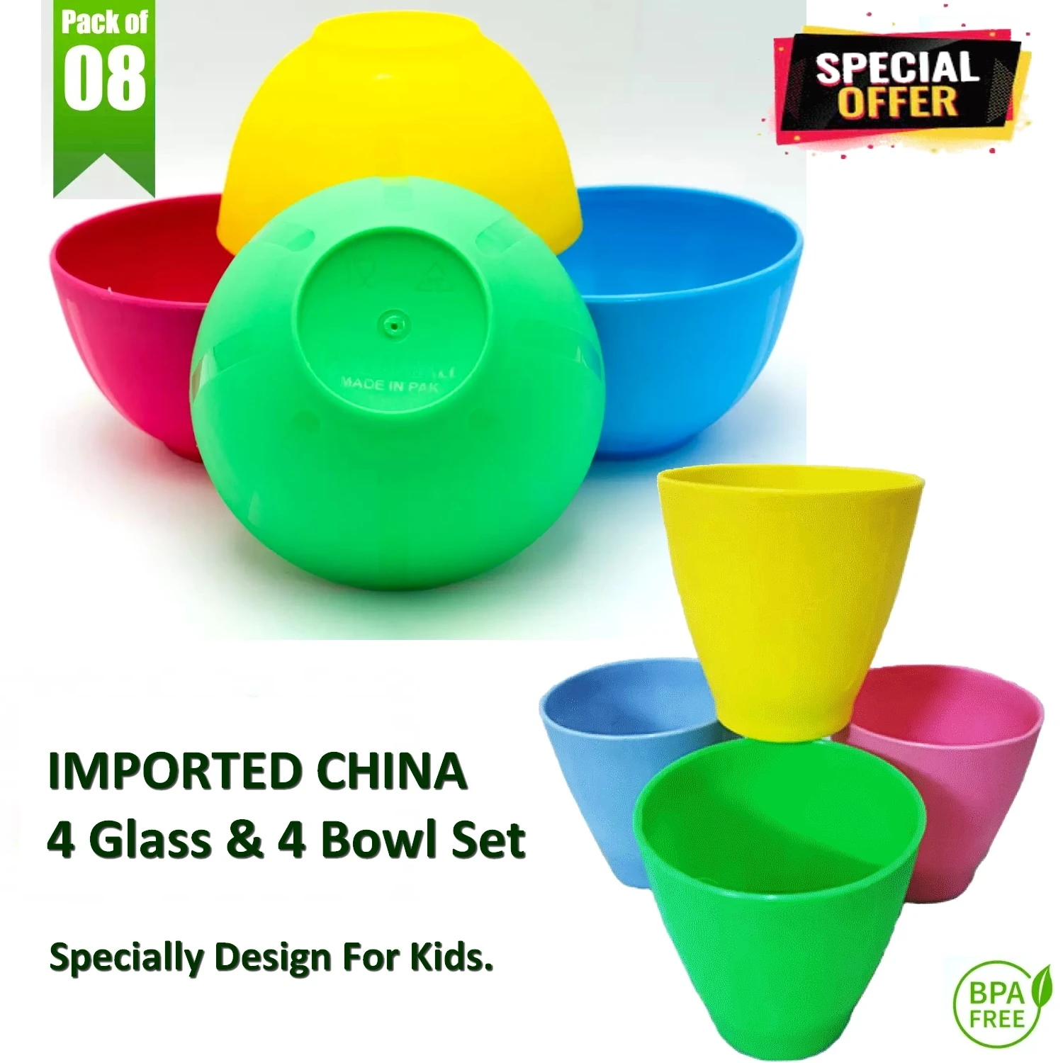 Tiny Small size Pack of 8- 4 Imported High Quality Unbreakable glass + 4 Imported bowl- Imported plastic  Stylish and Durable Plastic BowlsGlass Set price in Pakistan